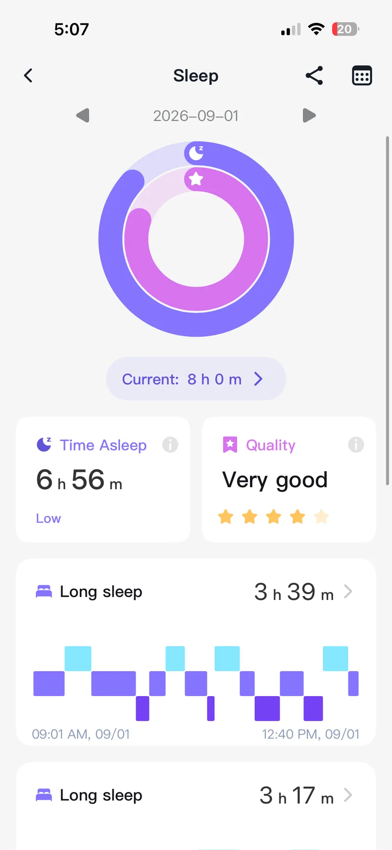 The G band Sleep screen: total time asleep and a quality rating above the night broken into stages