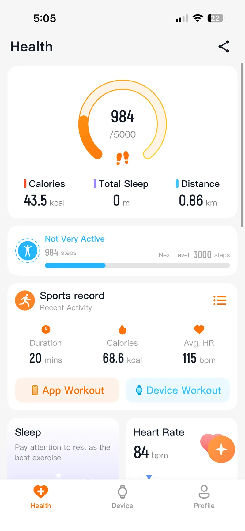 The G band Health screen: steps against a daily goal, calories, sleep and distance, with recent activity underneath
